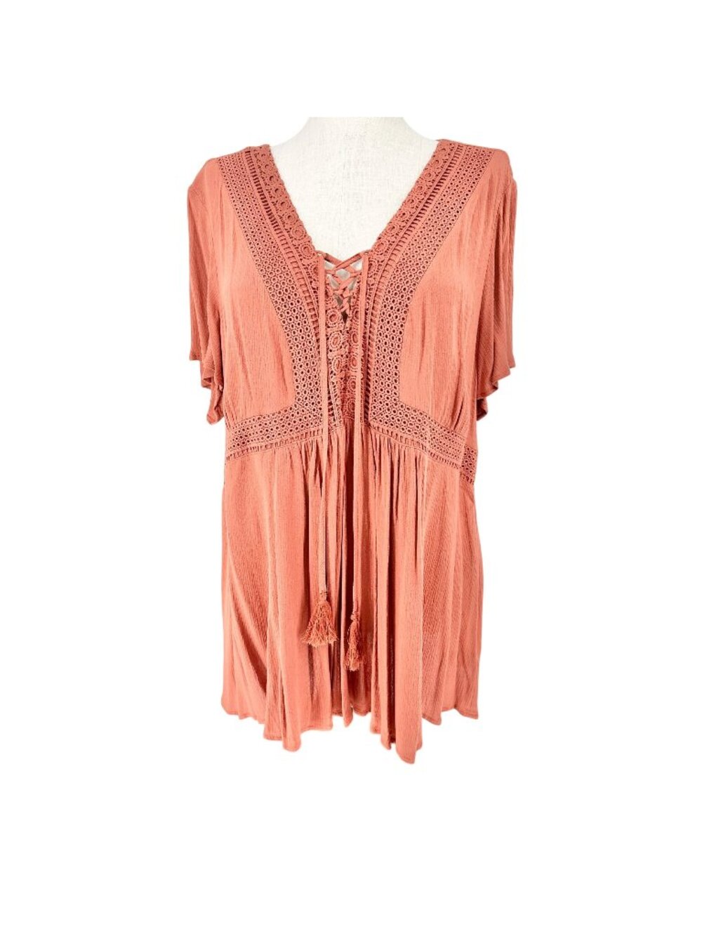 Torrid 3 LaceUp Babydoll Top Womens 22-24 Auburn Crinkle Gauze Flowy Lightweight